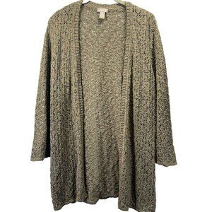 Chicos Sweater Open Crochet Size Large Tan Brown Beach Stretch Cotton Blend Knit
